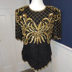 Laurence Kazar vintage 80-90's Black & Gold silk beaded embellished top - size L